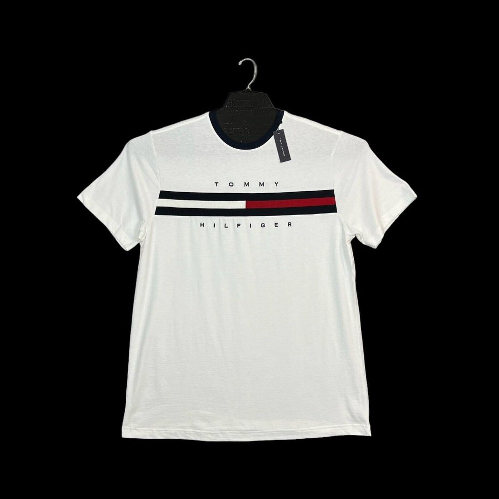 Tommy Hilfiger Mens Cotton T-Shirt‎ Size 2XL Tall White Short Sleeve Sign Stripe